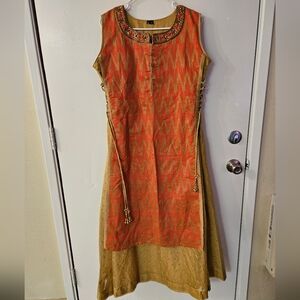 Embroidered Orange and Gold Sleeveless Kurta